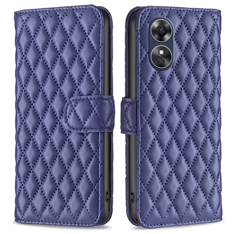 BINFEN COLOR BF Style-14 PU Leather Flip Cover для Oppo A17 4G, противоударный с рельефным ромбовидным узором, подставка и бумажник - синий