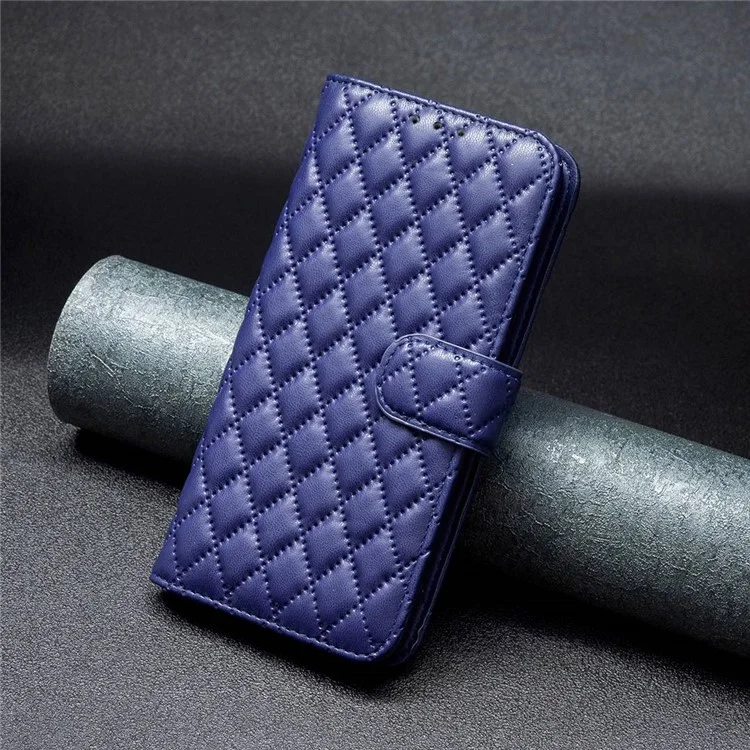 BINFEN COLOR BF Style-14 PU Leather Flip Cover для Oppo A17 4G, противоударный с рельефным ромбовидным узором, подставка и бумажник - синий