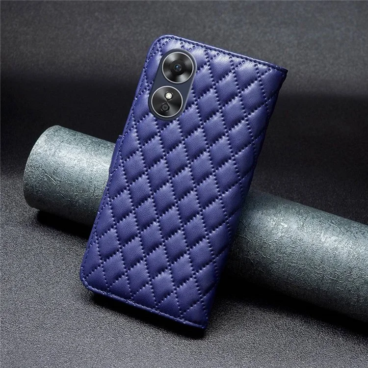 BINFEN COLOR BF Style-14 PU Leather Flip Cover для Oppo A17 4G, противоударный с рельефным ромбовидным узором, подставка и бумажник - синий