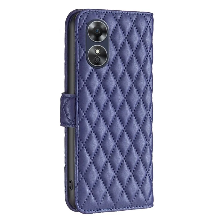 BINFEN COLOR BF Style-14 PU Leather Flip Cover для Oppo A17 4G, противоударный с рельефным ромбовидным узором, подставка и бумажник - синий