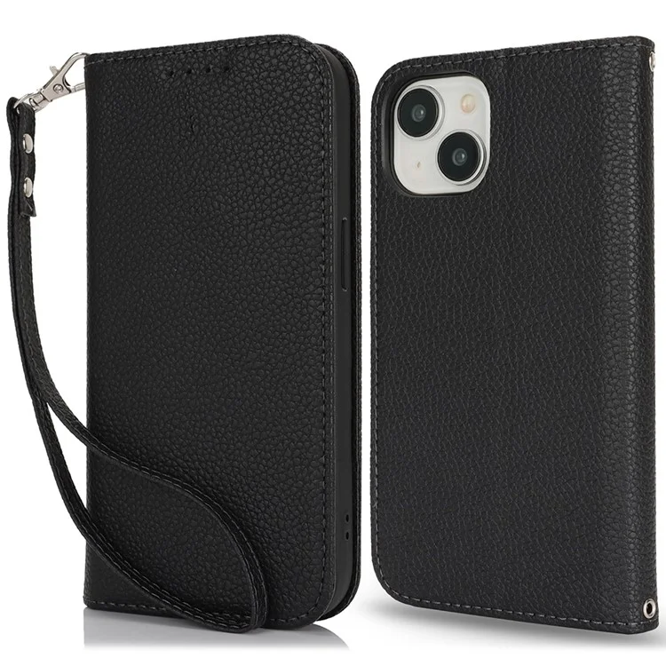 Ständer Hülle für iPhone 14 / 13 Litschi-Textur Leder Flip Handyhülle mit Trageriemen / Geldbörse - Schwarz