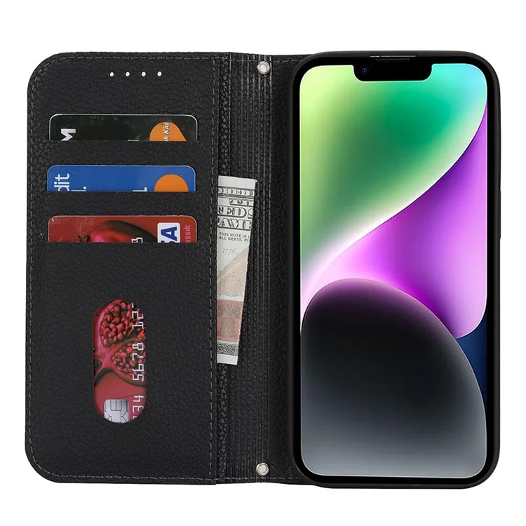 Ständer Hülle für iPhone 14 / 13 Litschi-Textur Leder Flip Handyhülle mit Trageriemen / Geldbörse - Schwarz