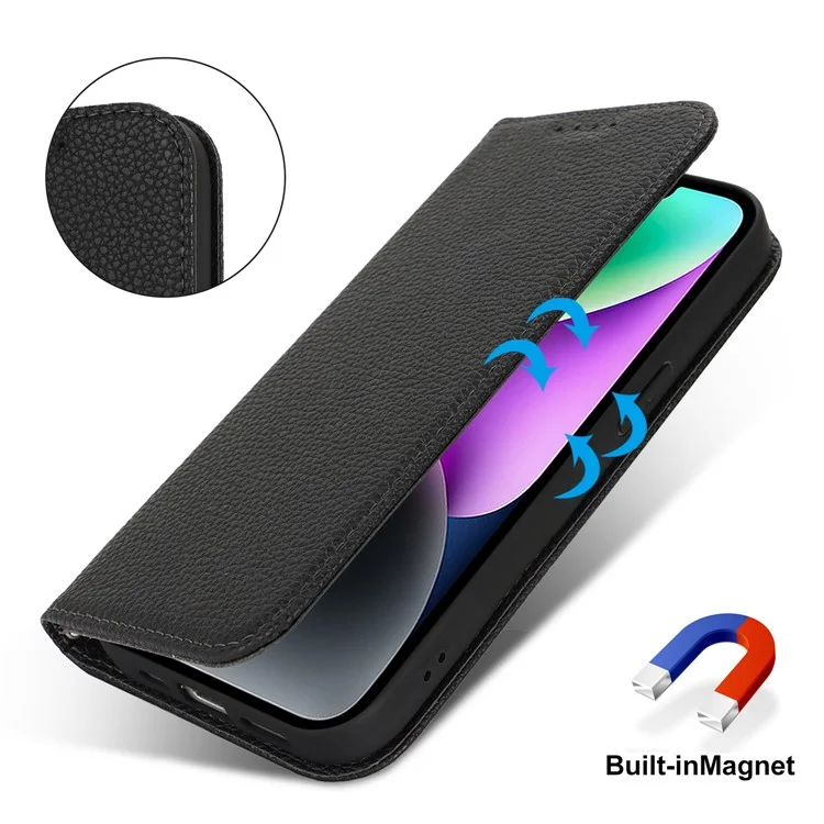 Ständer Hülle für iPhone 14 / 13 Litschi-Textur Leder Flip Handyhülle mit Trageriemen / Geldbörse - Schwarz