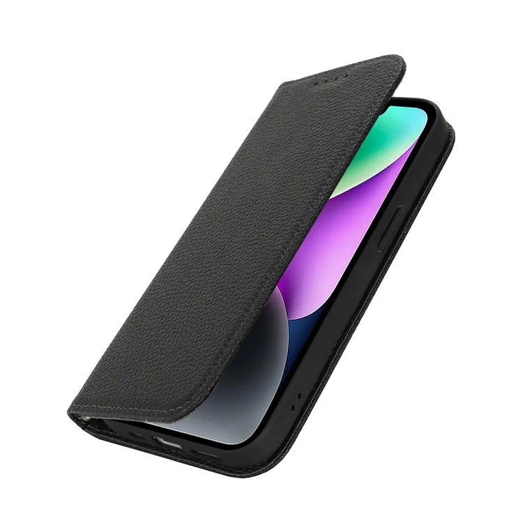 Ständer Hülle für iPhone 14 / 13 Litschi-Textur Leder Flip Handyhülle mit Trageriemen / Geldbörse - Schwarz