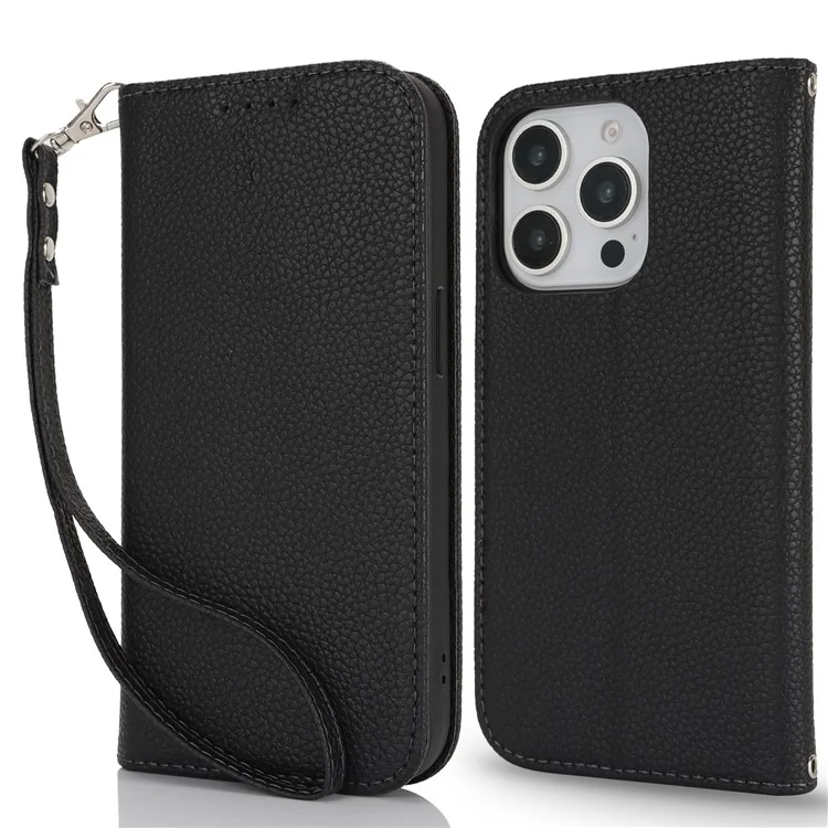 Funda Tipo Libro para iPhone 13 Pro Max / 12 Pro Max con Textura de Cuero Tipo Litchi, Tapa Abatible con Correa / Cartera - Negro