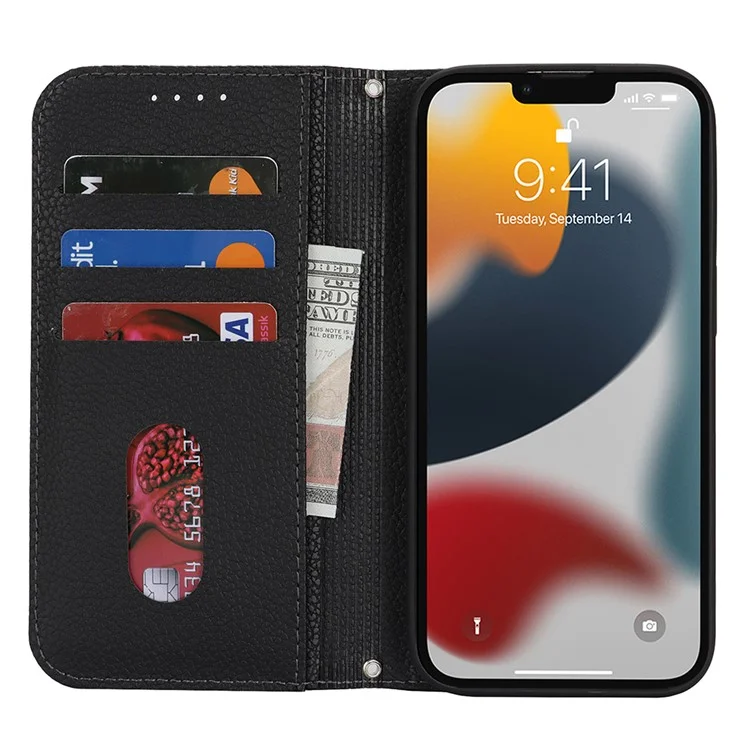 Funda Tipo Libro para iPhone 13 Pro Max / 12 Pro Max con Textura de Cuero Tipo Litchi, Tapa Abatible con Correa / Cartera - Negro