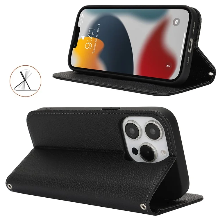 Funda Tipo Libro para iPhone 13 Pro Max / 12 Pro Max con Textura de Cuero Tipo Litchi, Tapa Abatible con Correa / Cartera - Negro