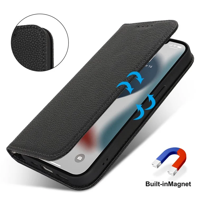 Funda Tipo Libro para iPhone 13 Pro Max / 12 Pro Max con Textura de Cuero Tipo Litchi, Tapa Abatible con Correa / Cartera - Negro