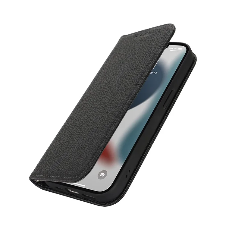 Funda Tipo Libro para iPhone 13 Pro Max / 12 Pro Max con Textura de Cuero Tipo Litchi, Tapa Abatible con Correa / Cartera - Negro