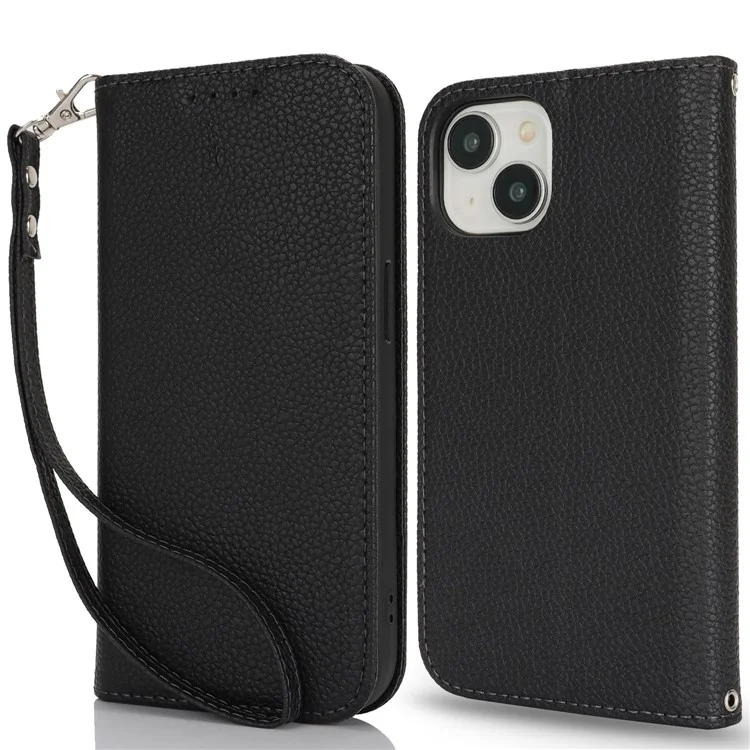 Ständer Hülle für iPhone 15 Plus / 14 Plus Litschi-Textur Leder Flip Handyhülle mit Trageriemen / Geldbörse - Schwarz