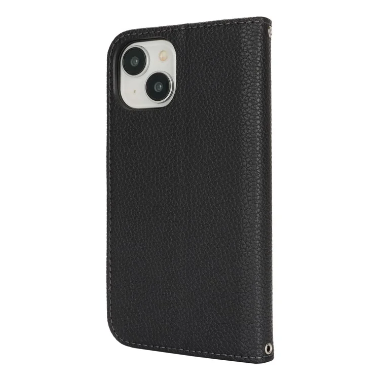 Ständer Hülle für iPhone 15 Plus / 14 Plus Litschi-Textur Leder Flip Handyhülle mit Trageriemen / Geldbörse - Schwarz