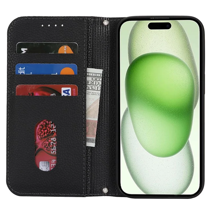 Ständer Hülle für iPhone 15 Plus / 14 Plus Litschi-Textur Leder Flip Handyhülle mit Trageriemen / Geldbörse - Schwarz