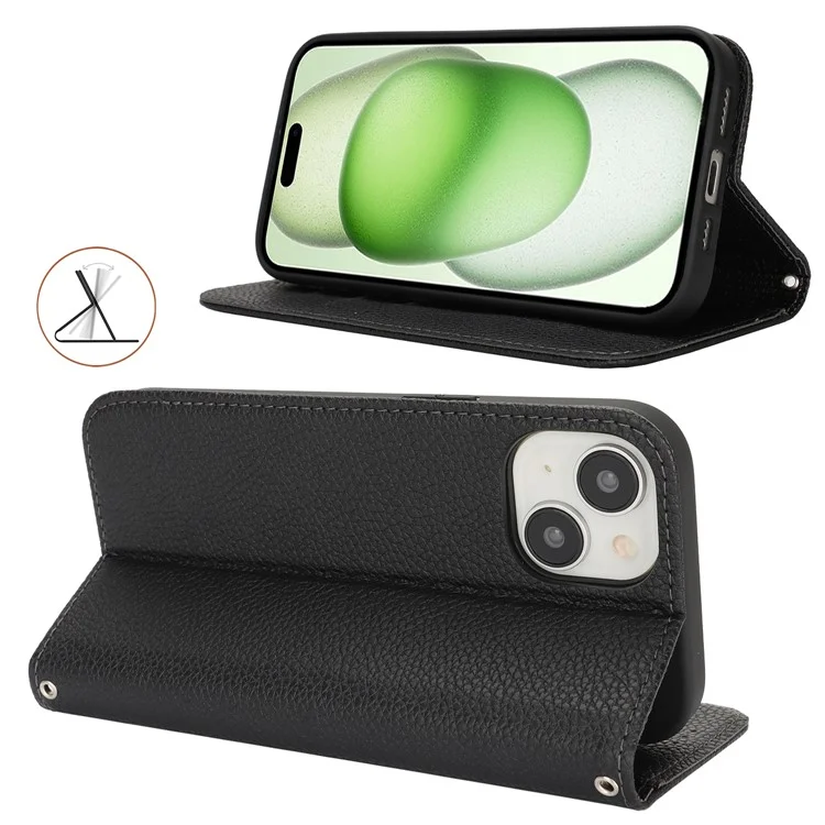 Ständer Hülle für iPhone 15 Plus / 14 Plus Litschi-Textur Leder Flip Handyhülle mit Trageriemen / Geldbörse - Schwarz