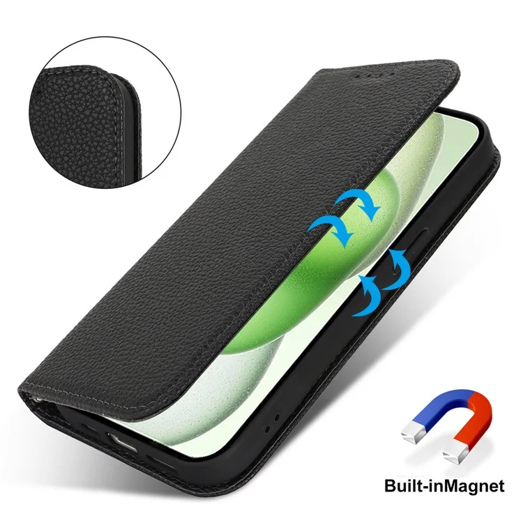 Ständer Hülle für iPhone 15 Plus / 14 Plus Litschi-Textur Leder Flip Handyhülle mit Trageriemen / Geldbörse - Schwarz