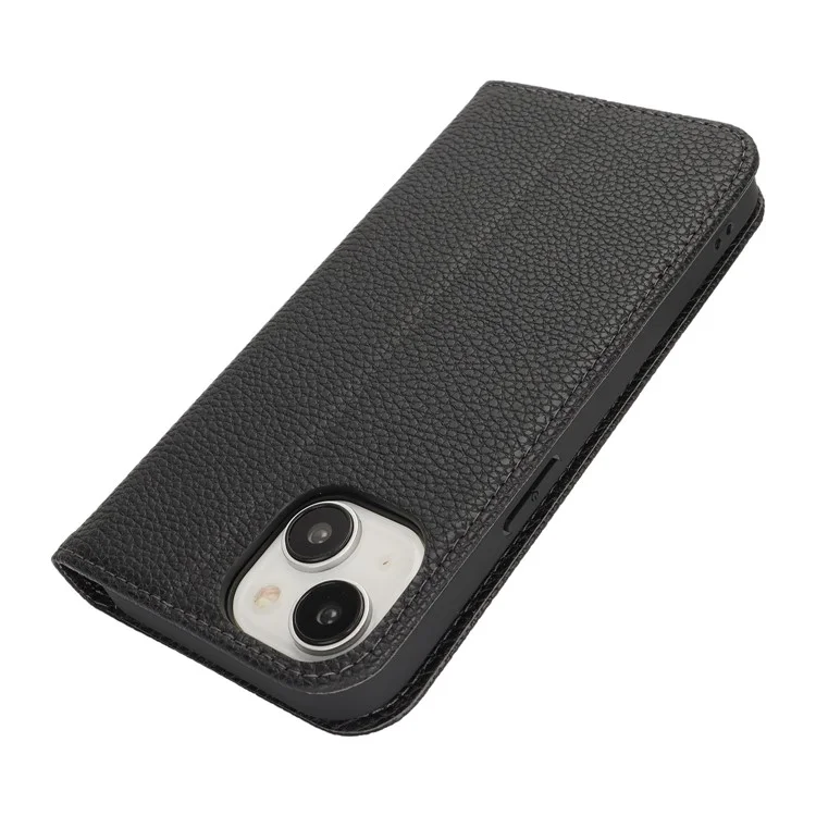 Ständer Hülle für iPhone 15 Plus / 14 Plus Litschi-Textur Leder Flip Handyhülle mit Trageriemen / Geldbörse - Schwarz