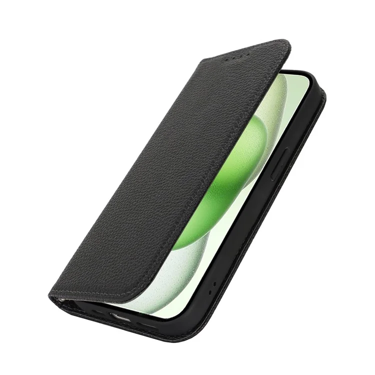 Ständer Hülle für iPhone 15 Plus / 14 Plus Litschi-Textur Leder Flip Handyhülle mit Trageriemen / Geldbörse - Schwarz