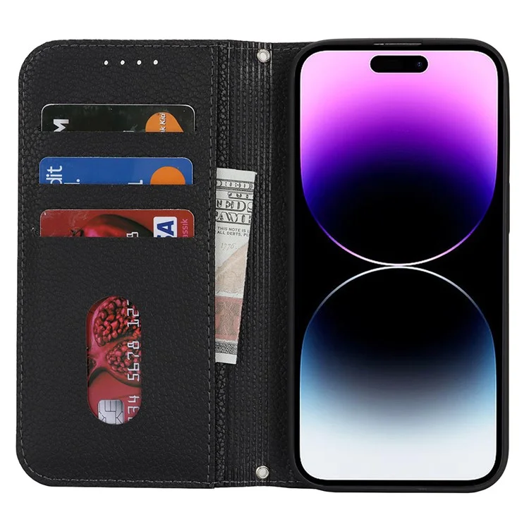 Ständer Hülle für iPhone 14 Pro Max Litchi Textur Leder Flip Handyhülle mit Riemen / Geldbörse - Schwarz