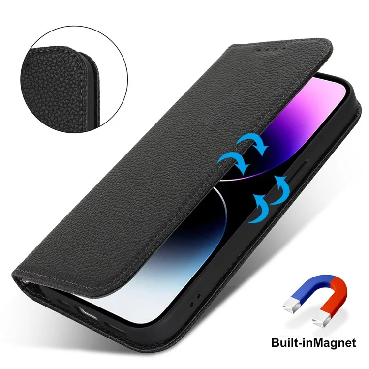 Ständer Hülle für iPhone 14 Pro Max Litchi Textur Leder Flip Handyhülle mit Riemen / Geldbörse - Schwarz