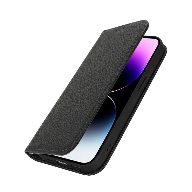 Ständer Hülle für iPhone 14 Pro Max Litchi Textur Leder Flip Handyhülle mit Riemen / Geldbörse - Schwarz