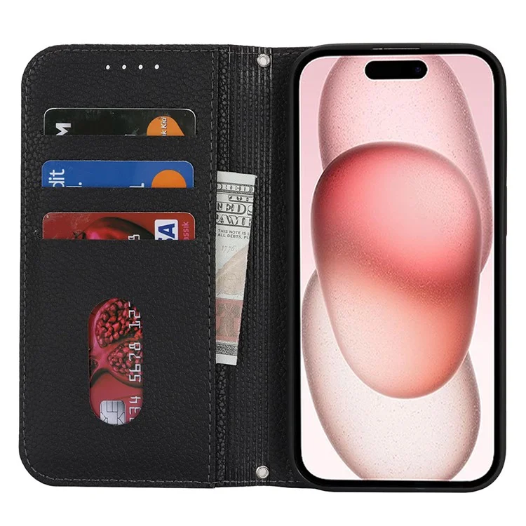 Ständer Hülle für iPhone 15 Litchi Textur Leder Flip Handyhülle mit Trageriemen / Geldbörse - Schwarz