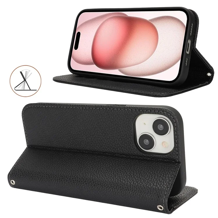 Ständer Hülle für iPhone 15 Litchi Textur Leder Flip Handyhülle mit Trageriemen / Geldbörse - Schwarz