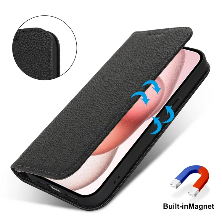 Ständer Hülle für iPhone 15 Litchi Textur Leder Flip Handyhülle mit Trageriemen / Geldbörse - Schwarz