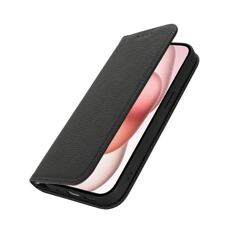 Ständer Hülle für iPhone 15 Litchi Textur Leder Flip Handyhülle mit Trageriemen / Geldbörse - Schwarz