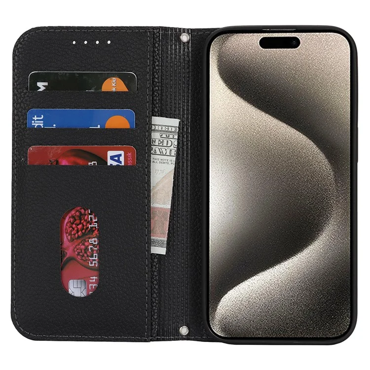 Ständer-Hülle für iPhone 15 Pro Max Litschi-Textur Leder Flip Handyhülle mit Trageriemen / Geldbörse - Schwarz