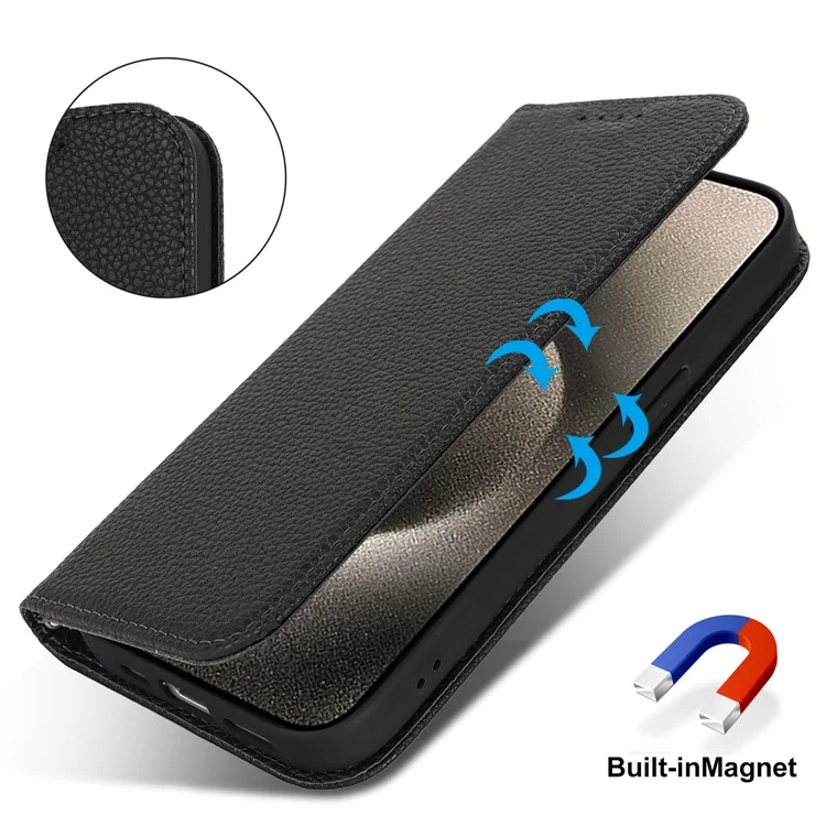 Ständer-Hülle für iPhone 15 Pro Max Litschi-Textur Leder Flip Handyhülle mit Trageriemen / Geldbörse - Schwarz