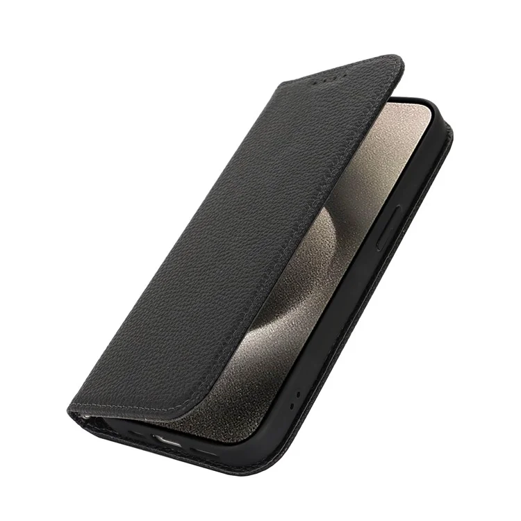 Ständer-Hülle für iPhone 15 Pro Max Litschi-Textur Leder Flip Handyhülle mit Trageriemen / Geldbörse - Schwarz