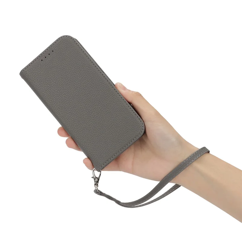 Stand Case for iPhone 15 Pro Max Litchi Texture Leather Flip Phone Cover with Strap  /  Wallet - Grey