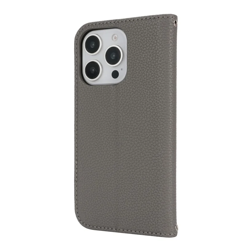 Stand Case for iPhone 15 Pro Max Litchi Texture Leather Flip Phone Cover with Strap  /  Wallet - Grey
