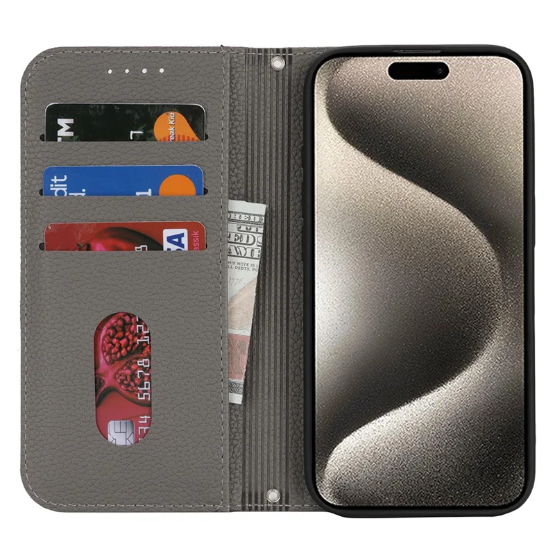 Stand Case for iPhone 15 Pro Max Litchi Texture Leather Flip Phone Cover with Strap  /  Wallet - Grey