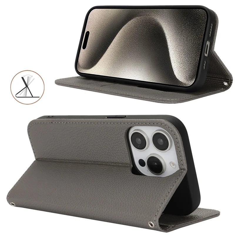 Stand Case for iPhone 15 Pro Max Litchi Texture Leather Flip Phone Cover with Strap  /  Wallet - Grey