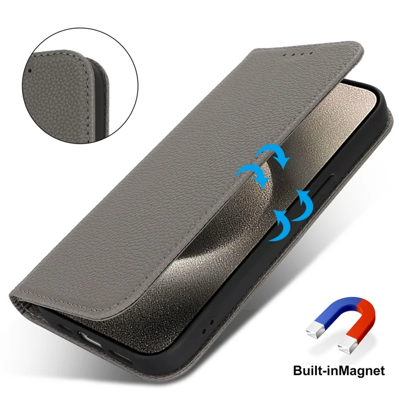 Stand Case for iPhone 15 Pro Max Litchi Texture Leather Flip Phone Cover with Strap  /  Wallet - Grey