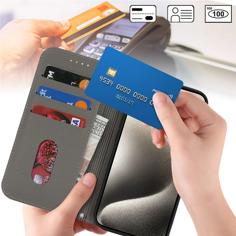 Stand Case for iPhone 15 Pro Max Litchi Texture Leather Flip Phone Cover with Strap  /  Wallet - Grey