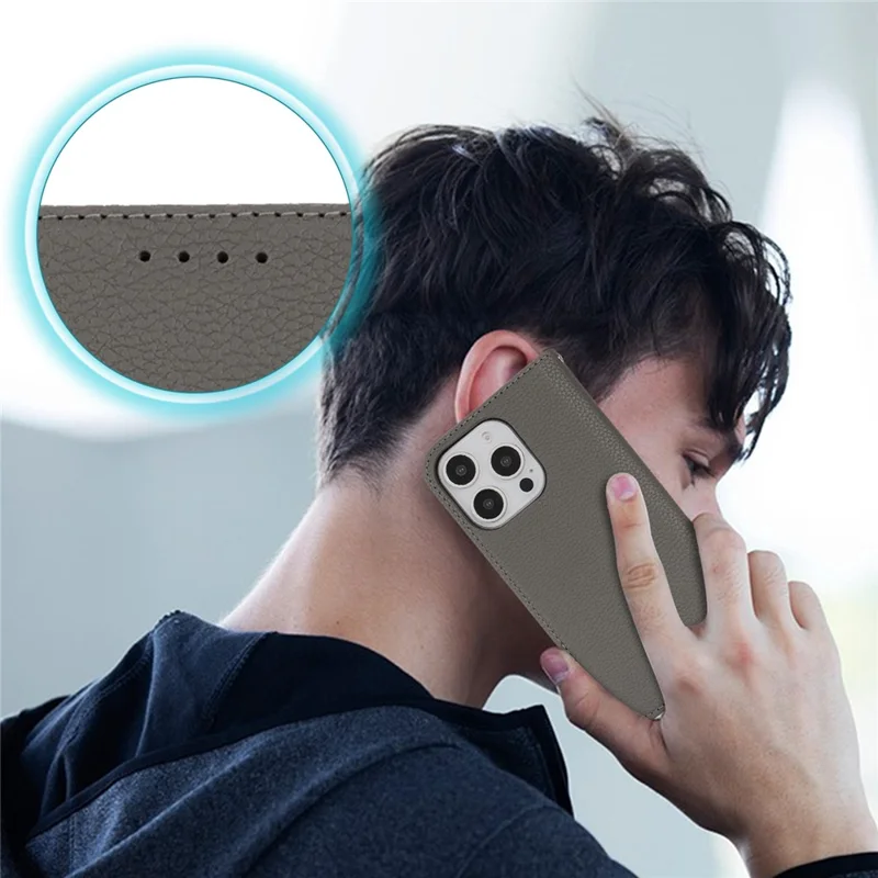 Stand Case for iPhone 15 Pro Max Litchi Texture Leather Flip Phone Cover with Strap  /  Wallet - Grey