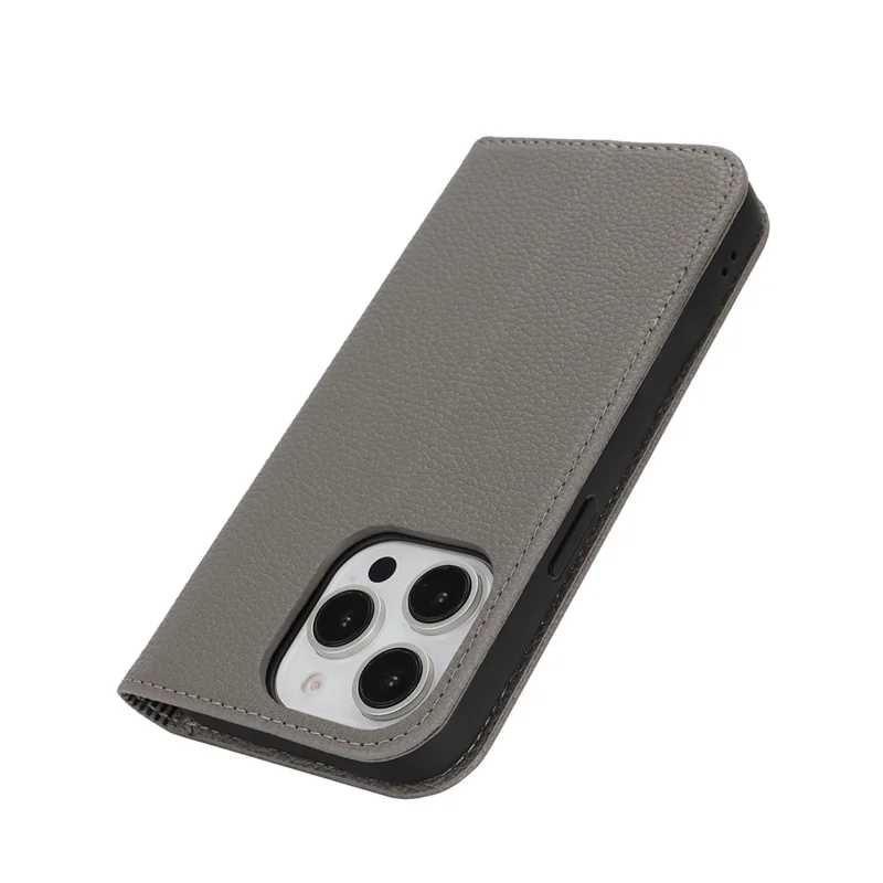 Stand Case for iPhone 15 Pro Max Litchi Texture Leather Flip Phone Cover with Strap  /  Wallet - Grey