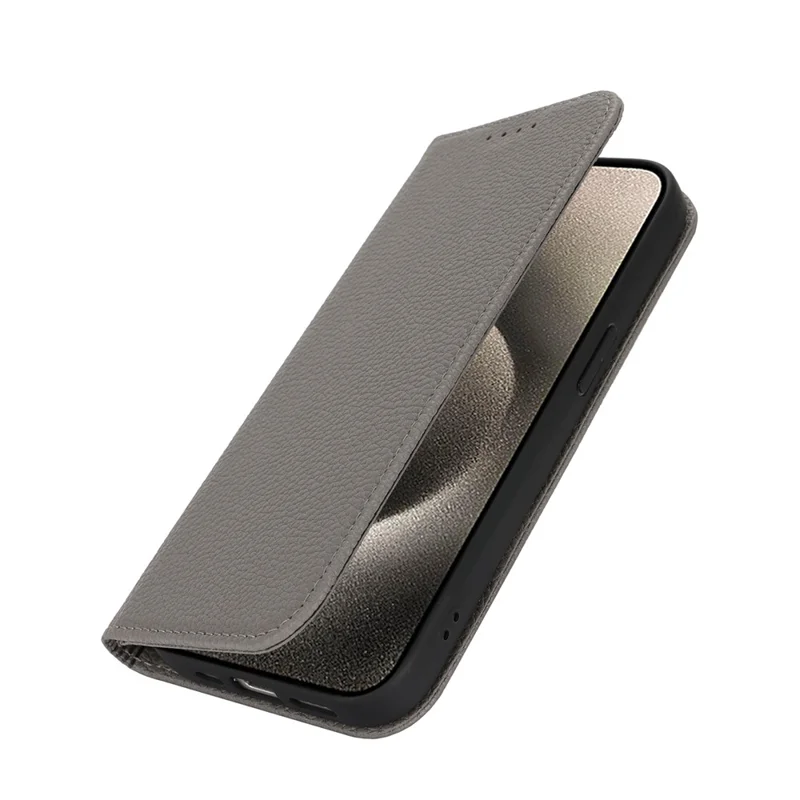 Stand Case for iPhone 15 Pro Max Litchi Texture Leather Flip Phone Cover with Strap  /  Wallet - Grey