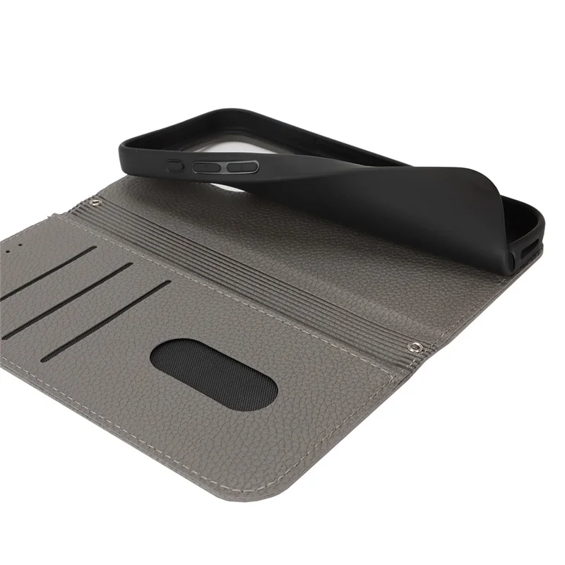 Stand Case for iPhone 15 Pro Max Litchi Texture Leather Flip Phone Cover with Strap  /  Wallet - Grey