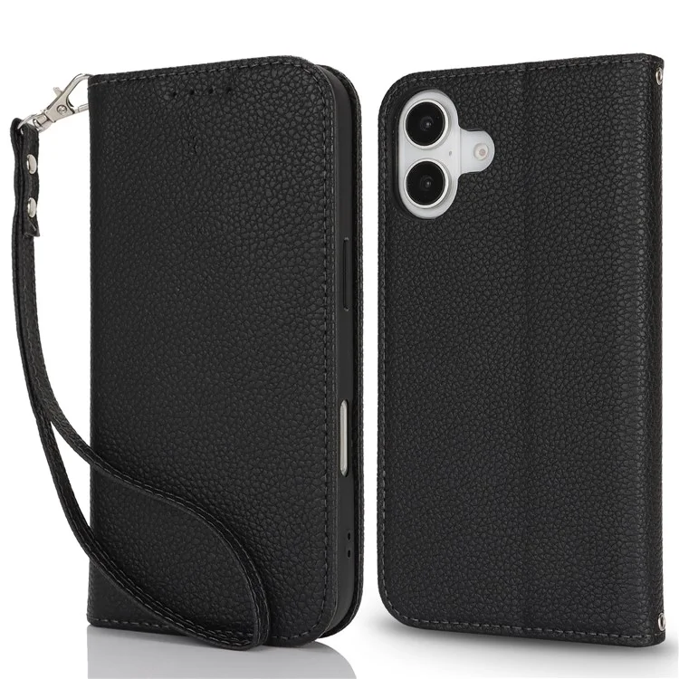 Standcase für iPhone 16 mit Litschitextur, Leder Flip Handyhülle mit Trageriemen / Geldbörse - Schwarz