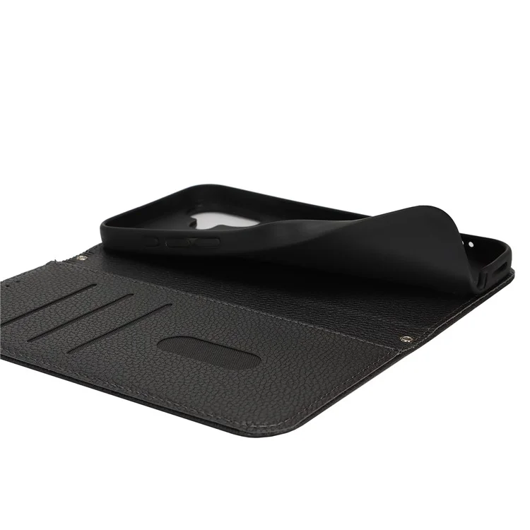 Standcase für iPhone 16 mit Litschitextur, Leder Flip Handyhülle mit Trageriemen / Geldbörse - Schwarz