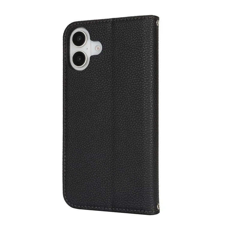 Standcase für iPhone 16 mit Litschitextur, Leder Flip Handyhülle mit Trageriemen / Geldbörse - Schwarz