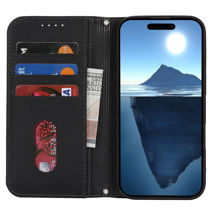 Standcase für iPhone 16 mit Litschitextur, Leder Flip Handyhülle mit Trageriemen / Geldbörse - Schwarz