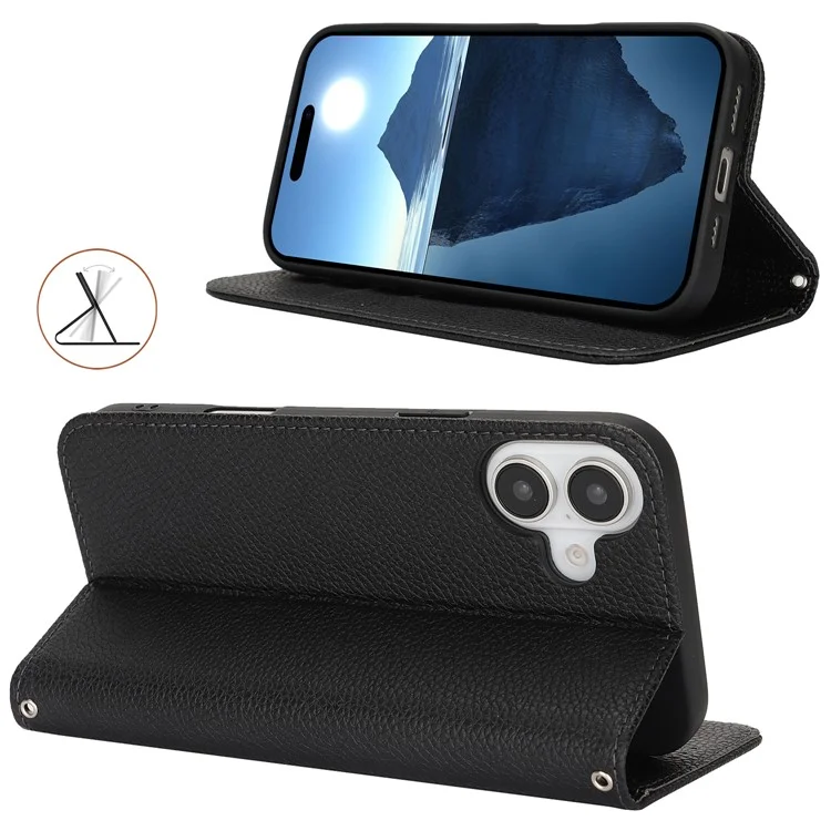 Standcase für iPhone 16 mit Litschitextur, Leder Flip Handyhülle mit Trageriemen / Geldbörse - Schwarz