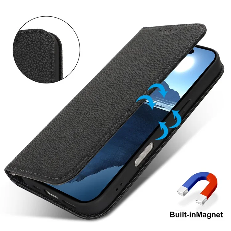 Standcase für iPhone 16 mit Litschitextur, Leder Flip Handyhülle mit Trageriemen / Geldbörse - Schwarz