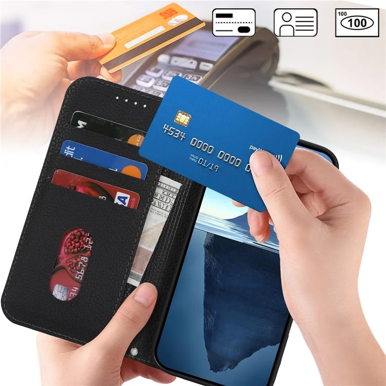Standcase für iPhone 16 mit Litschitextur, Leder Flip Handyhülle mit Trageriemen / Geldbörse - Schwarz