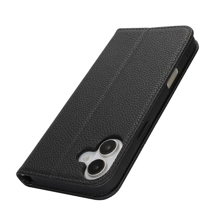 Standcase für iPhone 16 mit Litschitextur, Leder Flip Handyhülle mit Trageriemen / Geldbörse - Schwarz