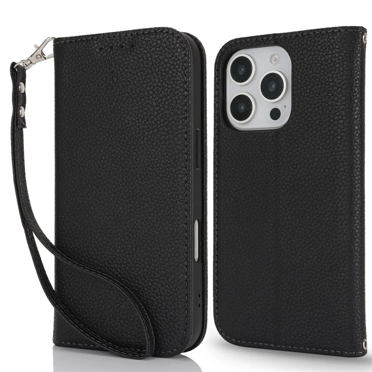 Ständer-Hülle für iPhone 16 Pro mit Litschi-Textur, Leder-Klappcover mit Trageriemen / Geldbörse - Schwarz