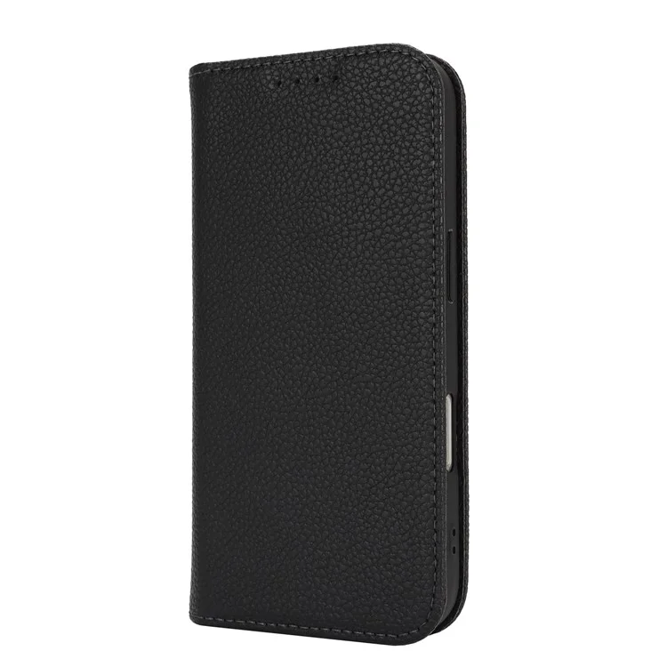Ständer-Hülle für iPhone 16 Pro mit Litschi-Textur, Leder-Klappcover mit Trageriemen / Geldbörse - Schwarz